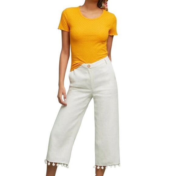 Ettiwa by Anthropologie Pants Womens Medium Ivory White Wide Leg Pommed‎ Crop - Picture 1 of 10